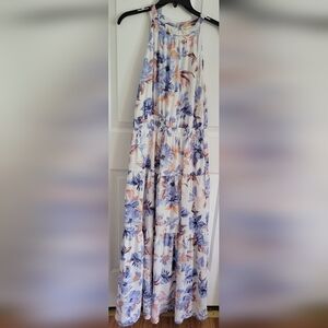 Japna White Floral Print Hight Neck Sleeveless Tiered Maxi Dress Size Large